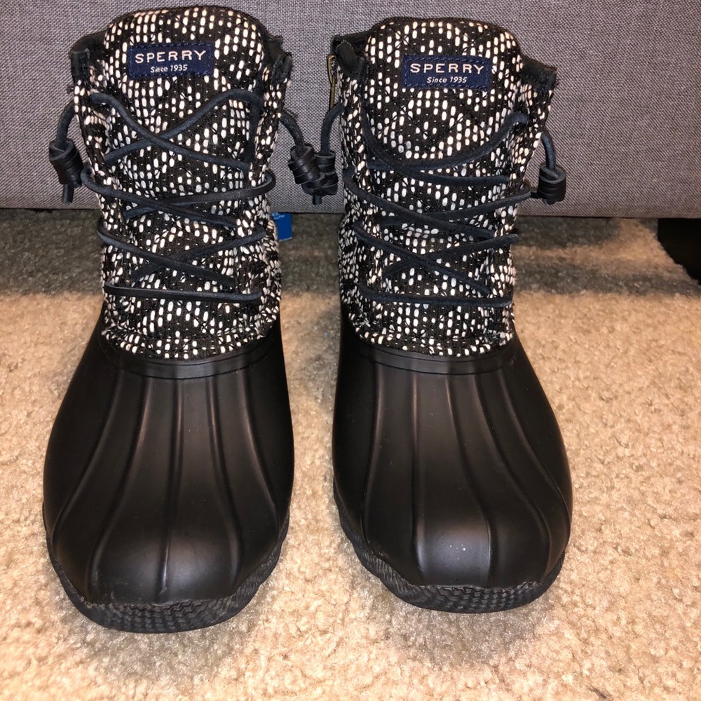 Black and white Sperry Duck Boots